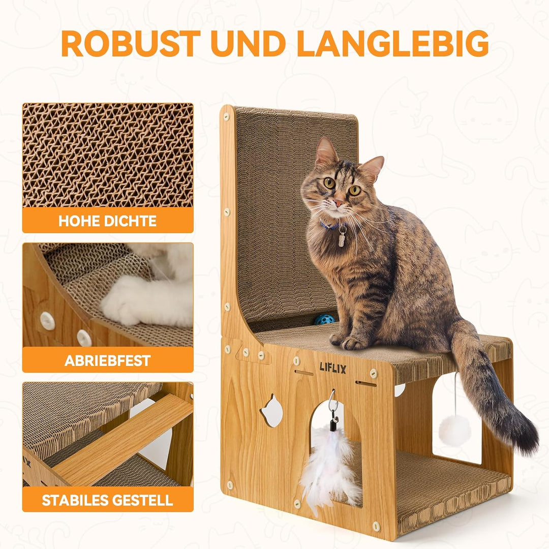 LIFLIX L-förmiges Doppelschicht Kratzbrett für Katzen, 67cm Kratzpappe mit Katzenhaus zum Kratzen Ve