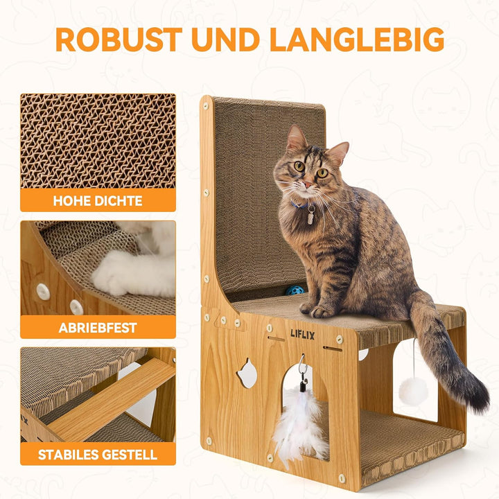 LIFLIX L-förmiges Doppelschicht Kratzbrett für Katzen, 67cm Kratzpappe mit Katzenhaus zum Kratzen Ve