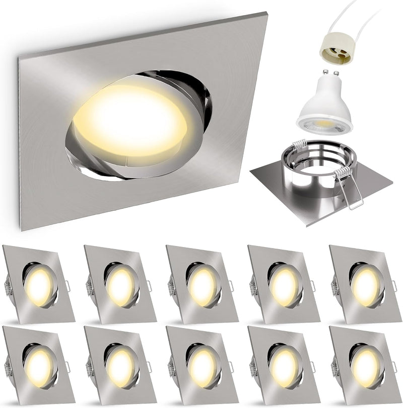 linovum 10er Set LED Einbauleuchte Einbaustrahler eckig Edelstahl Optik für 230V Spot mit 2W GU10 wa