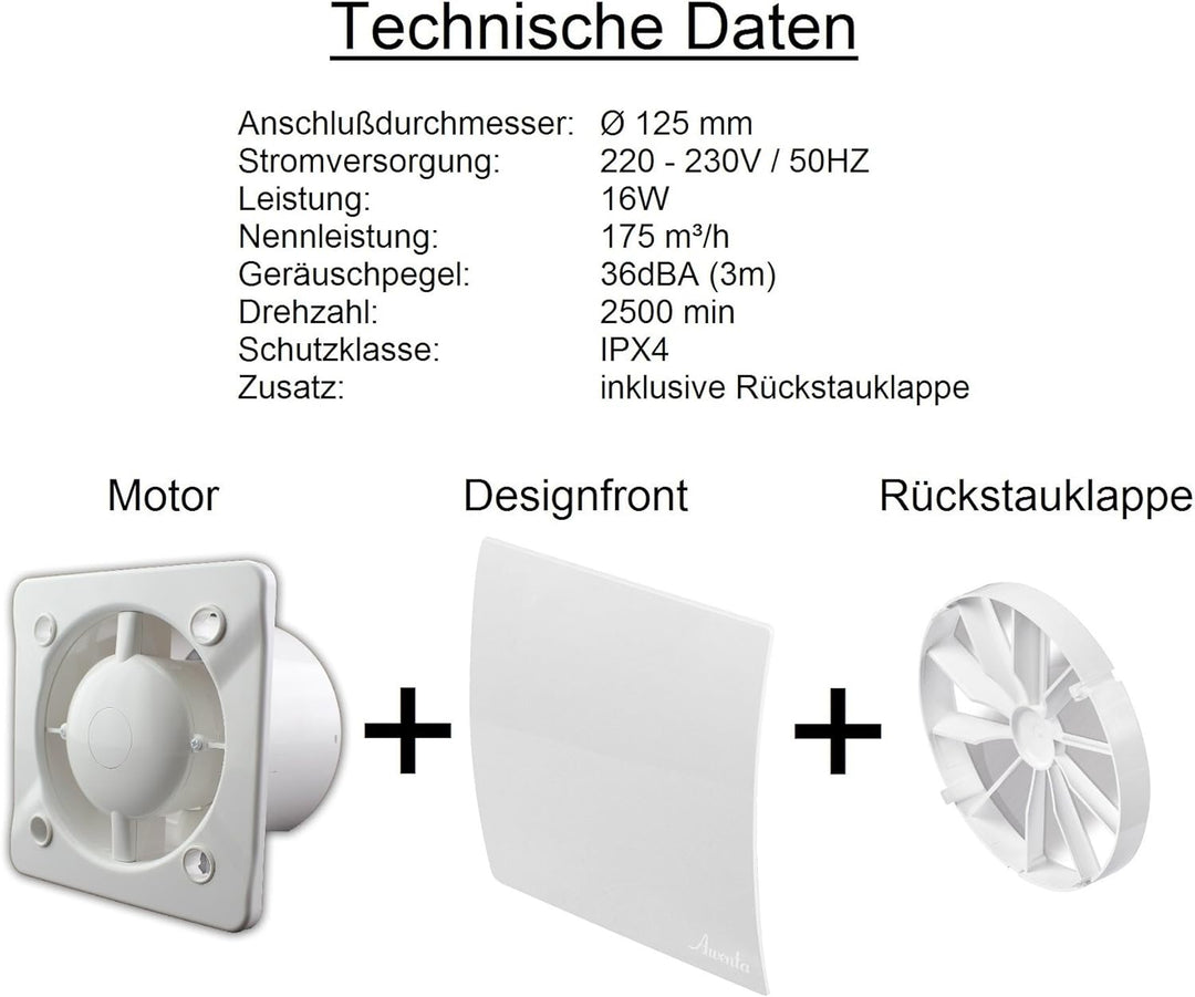 Ø 125 mm Badventilator hochglanz weiss gebogen Feuchtigkeitssensor Timer Nachlauf und Rückstauklappe