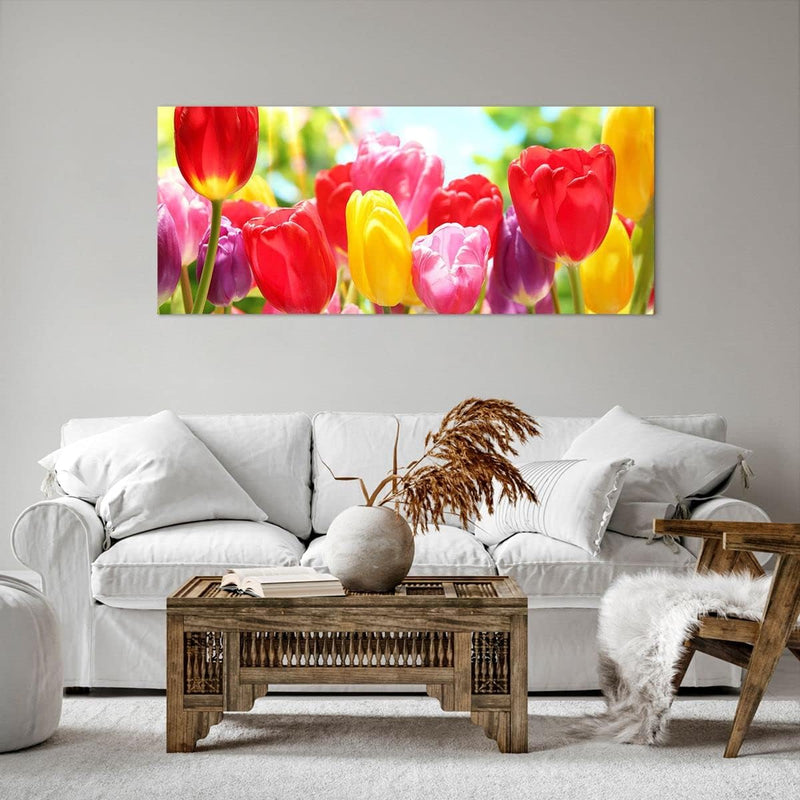 Wandbilder Dekoration Wohnzimmer Tulpe Blume Garten Plantage Panorama Bilder auf Leinwand 120x50cm L