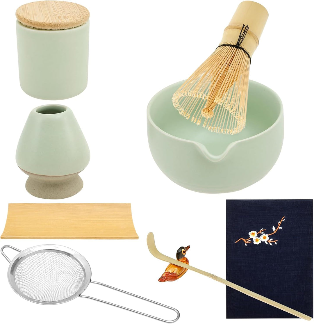 Matcha Set,9 Stück Matcha Schneebesen Set,Matcha Tee set mit Teelöffel,Besenhalter,Löffelhalter,Matc