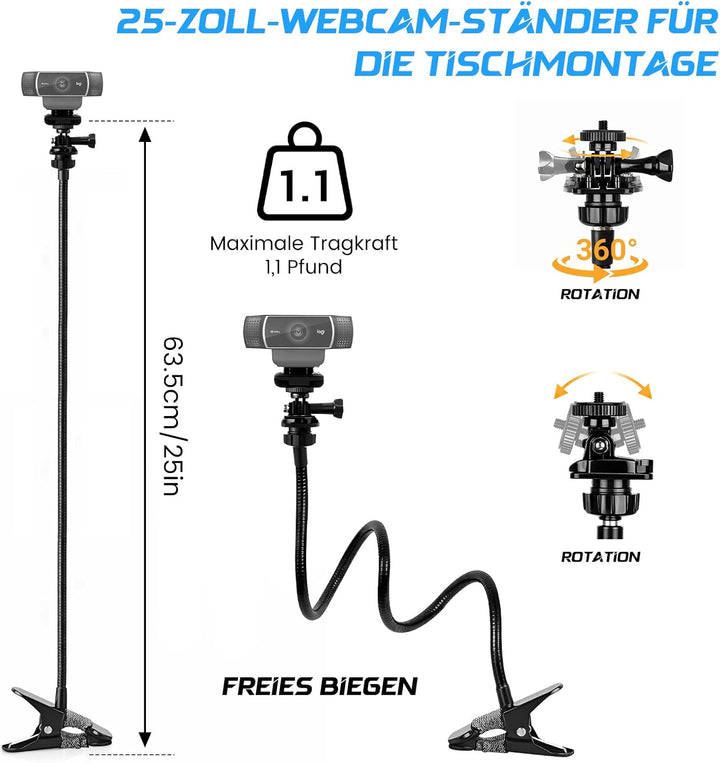 Webcam-Ständer, 27" Verstellbare Schwanenhals Desktop Kamera Mount Hoder, für alle Handys, Logitech