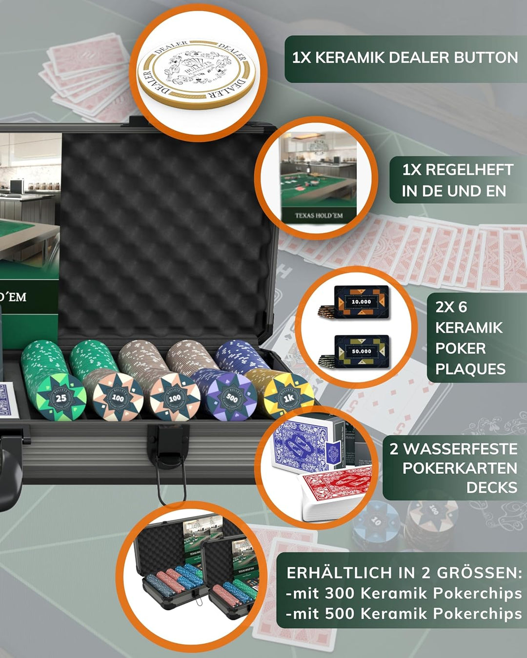 Bullets Playing Cards | Pokerkoffer „Paulie“ mit 500 Keramik Pokerchips 10g | Pokerset mit Karten, W