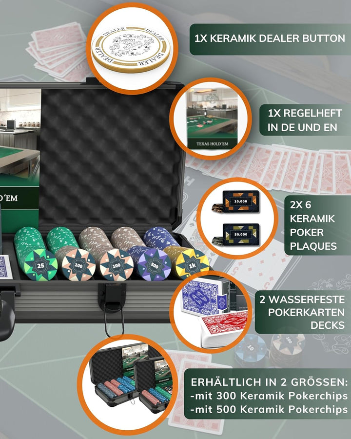 Bullets Playing Cards | Pokerkoffer „Paulie“ mit 500 Keramik Pokerchips 10g | Pokerset mit Karten, W