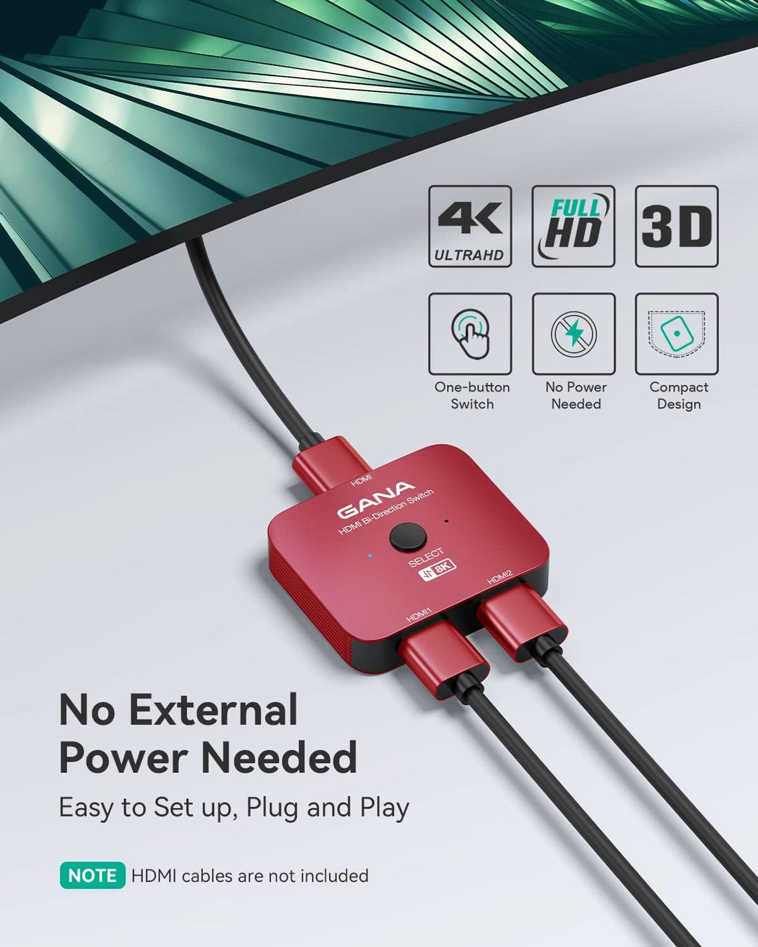 HDMI 2.1 Switch, GANA 8K HDMI Switcher Splitter 2 in 1 Out, unterstützt 4K @ 120Hz, 8K @ 60Hz, High