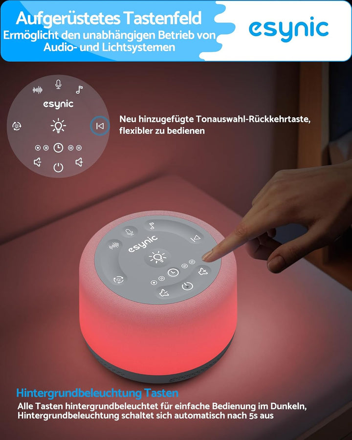 eSynic White Noise Machine Baby Weisses Rauschen Einschlafhilfe LED Stilllicht mit 30 Klänge & 7 Far