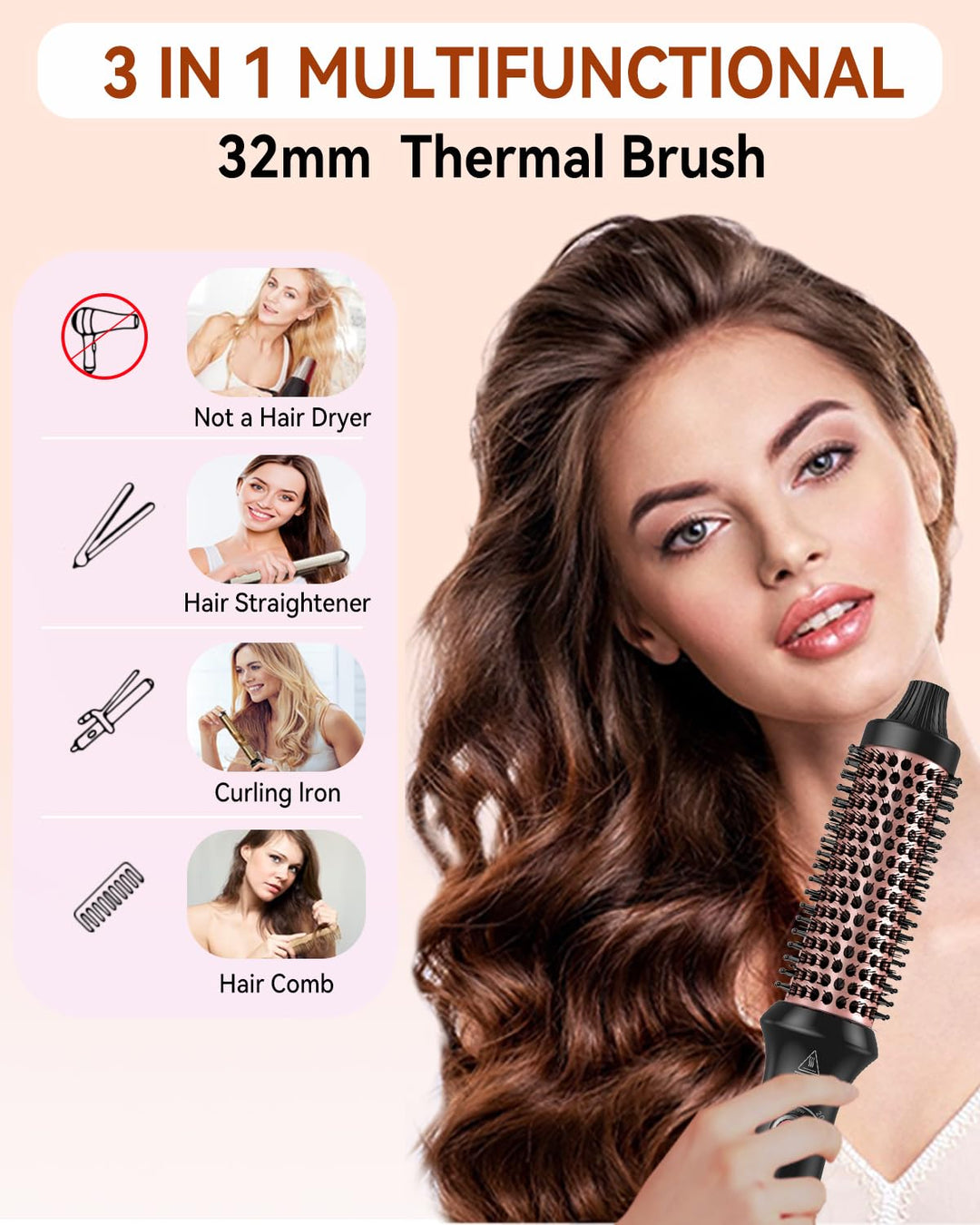 Thermal Brush 3 in 1, Thermobürste Wärmebürste 32mm, UKLISS Rundbürste Kompakt, Lockenbürste Double