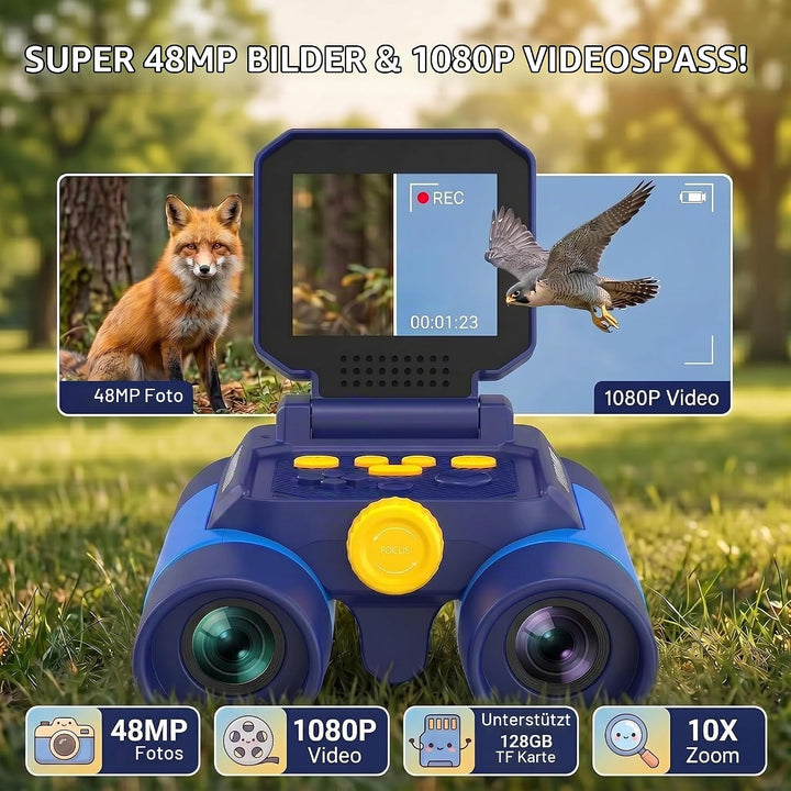 Kinder Fernglas 10x Zoom mit Kamera &amp; Nachtsicht – Blau | 25mm Okular, 2,4" Display, 48MP Fotos, 108