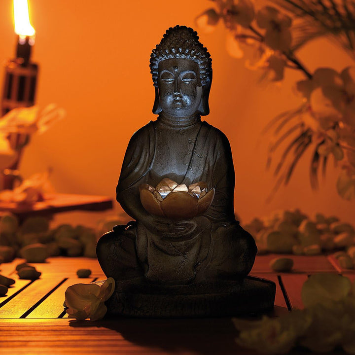 Lunartec Solar Figuren: Solar-LED Deko Lampe Buddha für Garten & Terrasse, 28 cm (Buddha Lampe Outdo