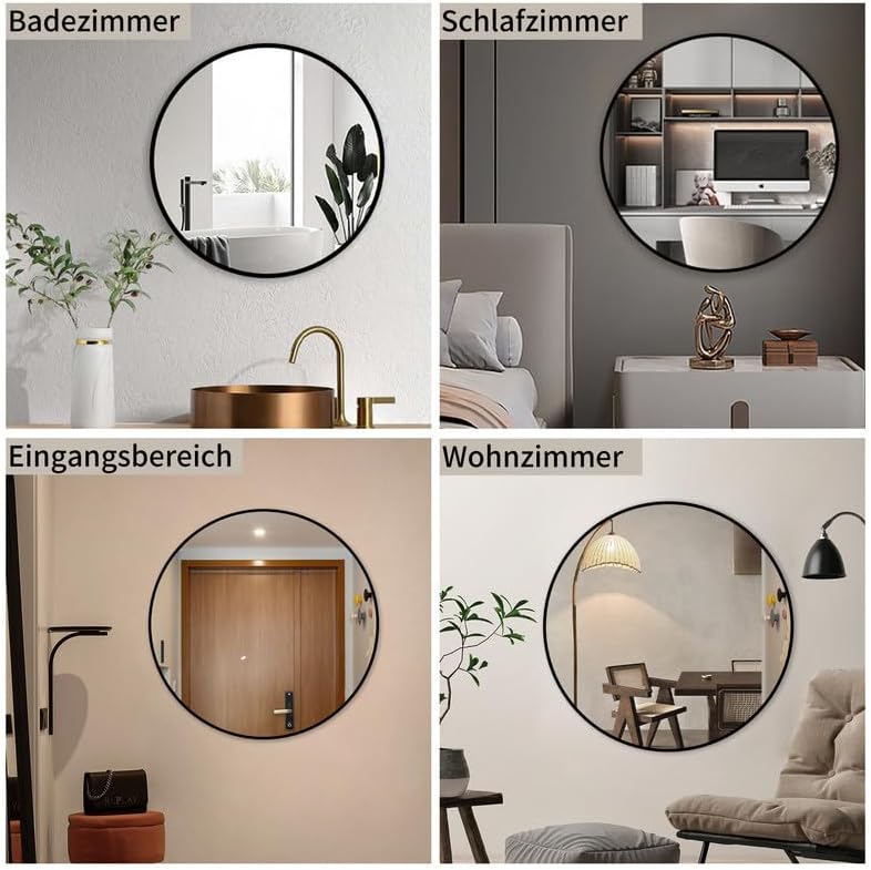 WOWINNE Spiegel, 50cm Runder Spiegel, Shwarz Wandspiegel, Rund Schwarz Schminkspiegel, mit Metall Ra