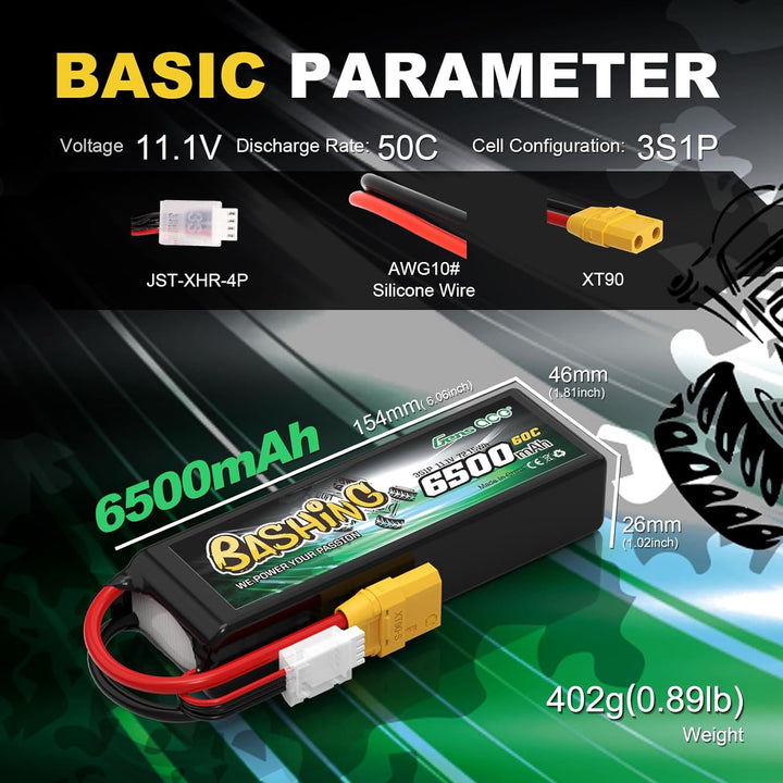 Gens Ace 3S LiPo Akku 6500mAh 11.1V 3S1P 60C Lipo Akku mit XT90 Steck Bashing Batterie für RC Auto,