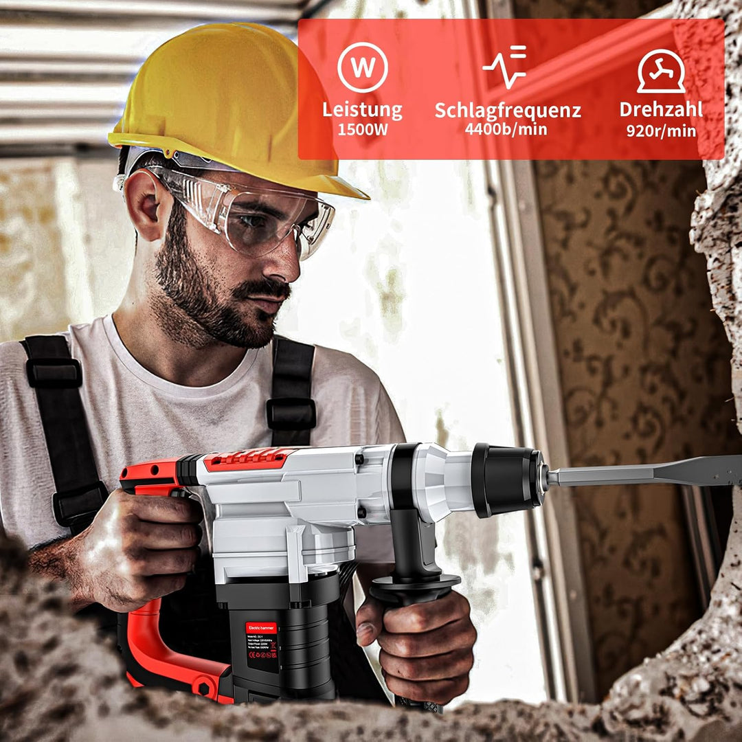 Bohrhammer SDS Plus 1500W, 4 in 1 Funktionen, Anti-Vibrationsgriff und Sicherheitskupplung, Mit Zube