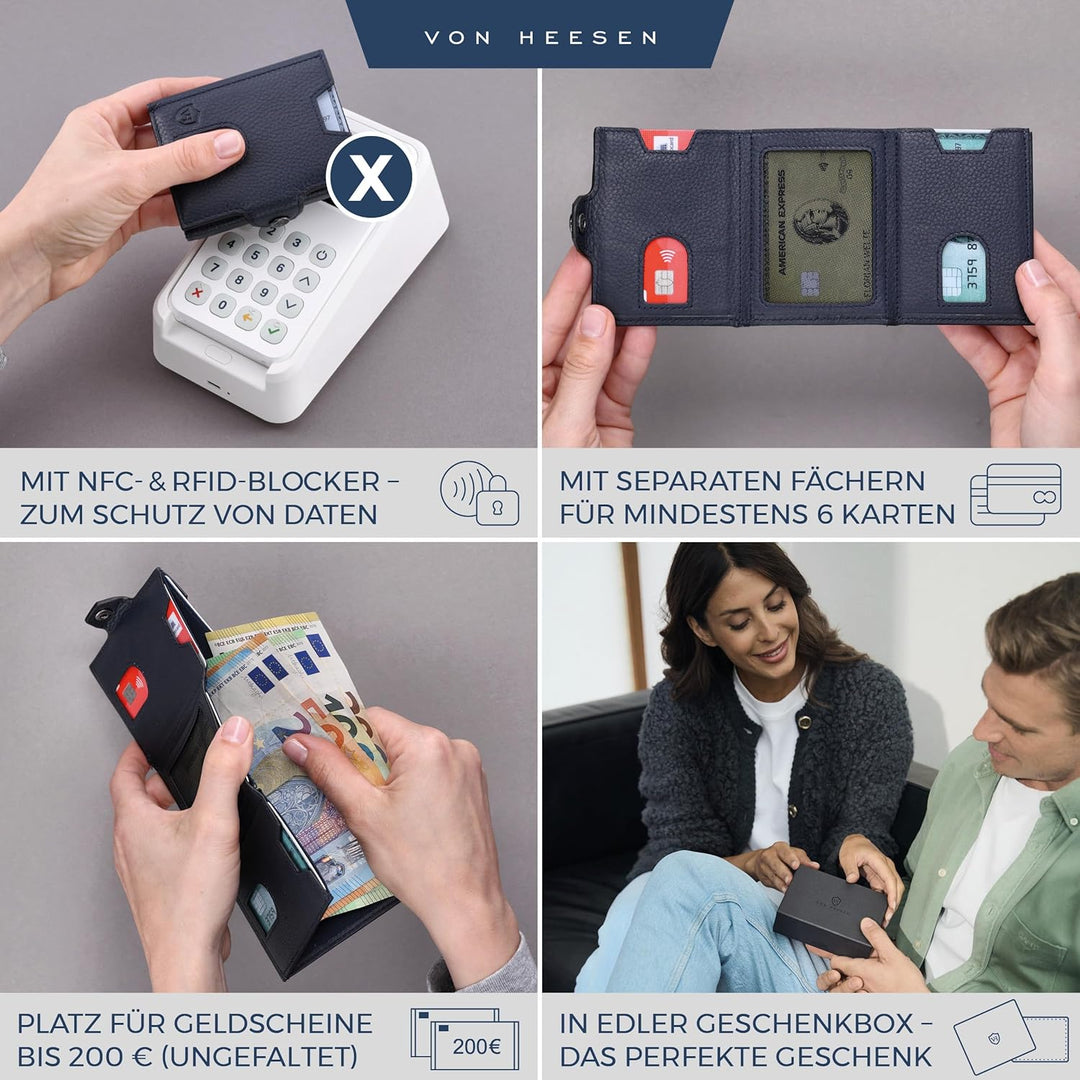 VON HEESEN Slim Wallet mit RFID Schutz - Geldbörse Herren klein - Mini Geldbeutel Damen Portmonee -