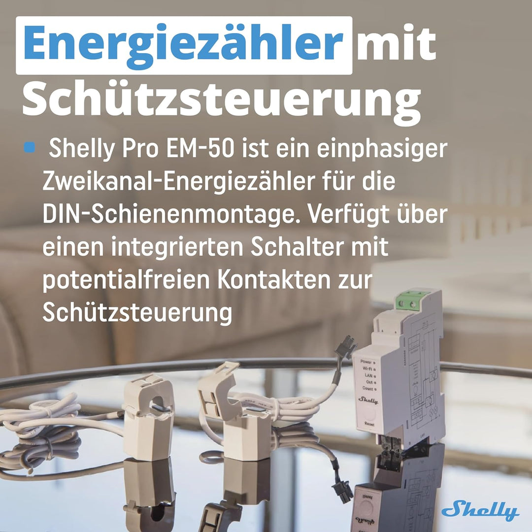 Shelly Pro EM 50A - WLAN & LAN Smart Energiezähler, 2 Kanäle auf 1 Phase, 2A Potentialfreie Kontakte