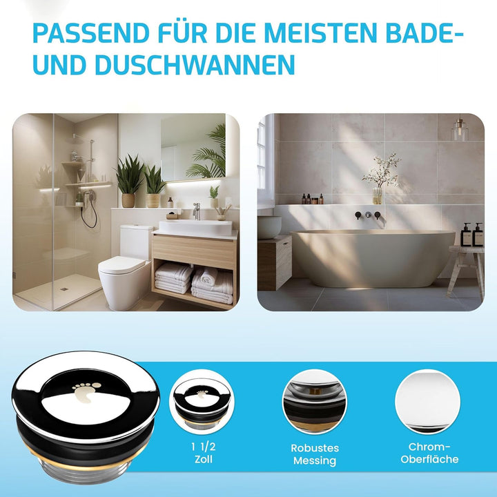 Ablaufgarnitur für Badewanne & Duschwanne 1 1/2 Zoll – Click Clack/Pop-Up Ventil aus Messing Chrom –