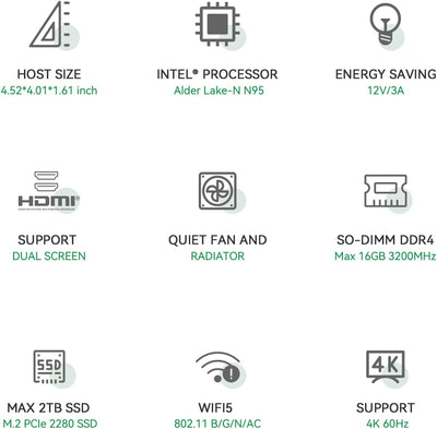 TRIGKEY Mini-PC, Intel N95 der 12. Generation (bis zu 3,4 GHz), 16 GB DDR4 500 GB SSD, G4 Mini-Deskt