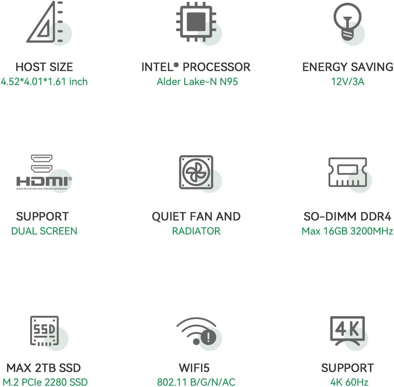 TRIGKEY Mini-PC, Intel N95 der 12. Generation (bis zu 3,4 GHz), 16 GB DDR4 500 GB SSD, G4 Mini-Deskt