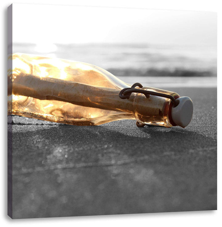 Pixxprint einsame Flaschenpost am Strand als Leinwandbild Quadratisch/Grösse: 70x70 / Wandbild/Kunst