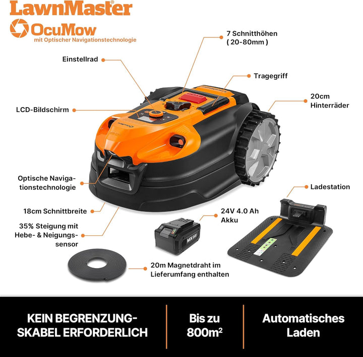 Lawnmaster OcuMow®18 mähroboter ohne begrenzungskabel für bis zu 800㎡ 4ah Batterie Optische Navigati