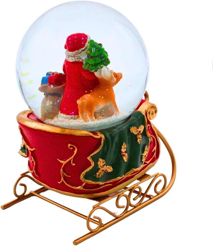 Dekohelden24 Hochwertige Schneekugel Weihnachtsmann auf Schlitten, aufwendig dekorierter Sockel als