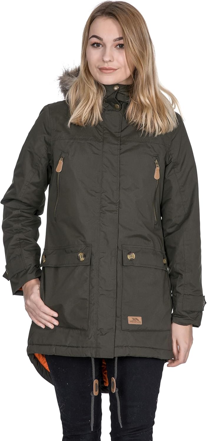 Trespass Clea, Wasserdichte Jacke mit Einrollbarer Kapuze für Damen XXL dunkles kaki, XXL dunkles ka