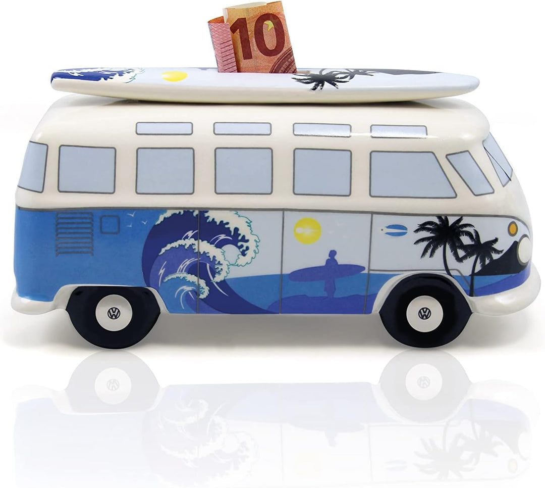 BRISA VW Collection - Volkswagen Spar-Büchse-Schwein-Dose mit Surfbrett im T1 Bulli Bus Samba Design