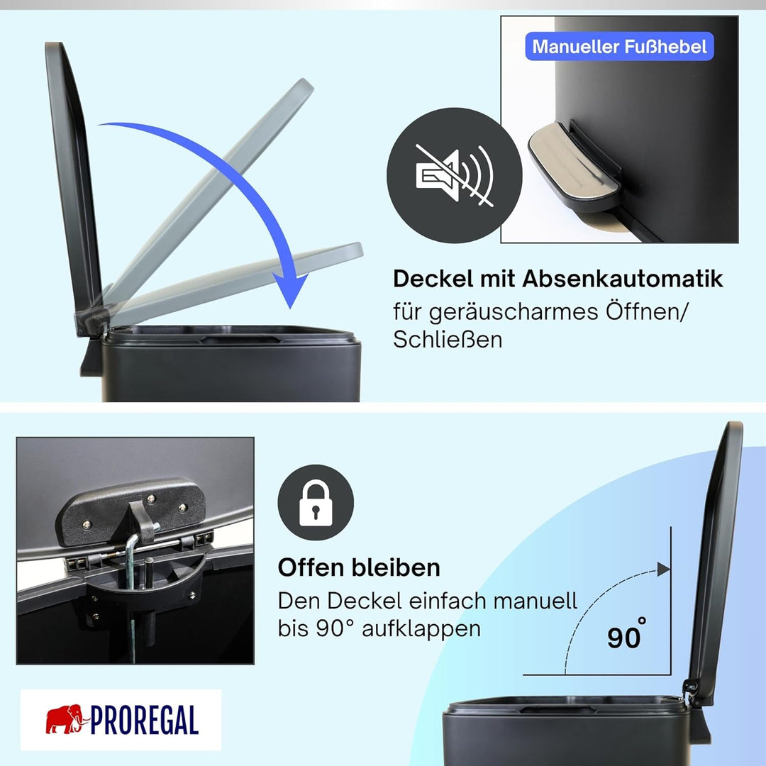 PROREGAL Mülleimer Küche Bad 50L, Abfalleimer mit Softclose & Stay-Open Deckel, Fusspedal & Inneneim
