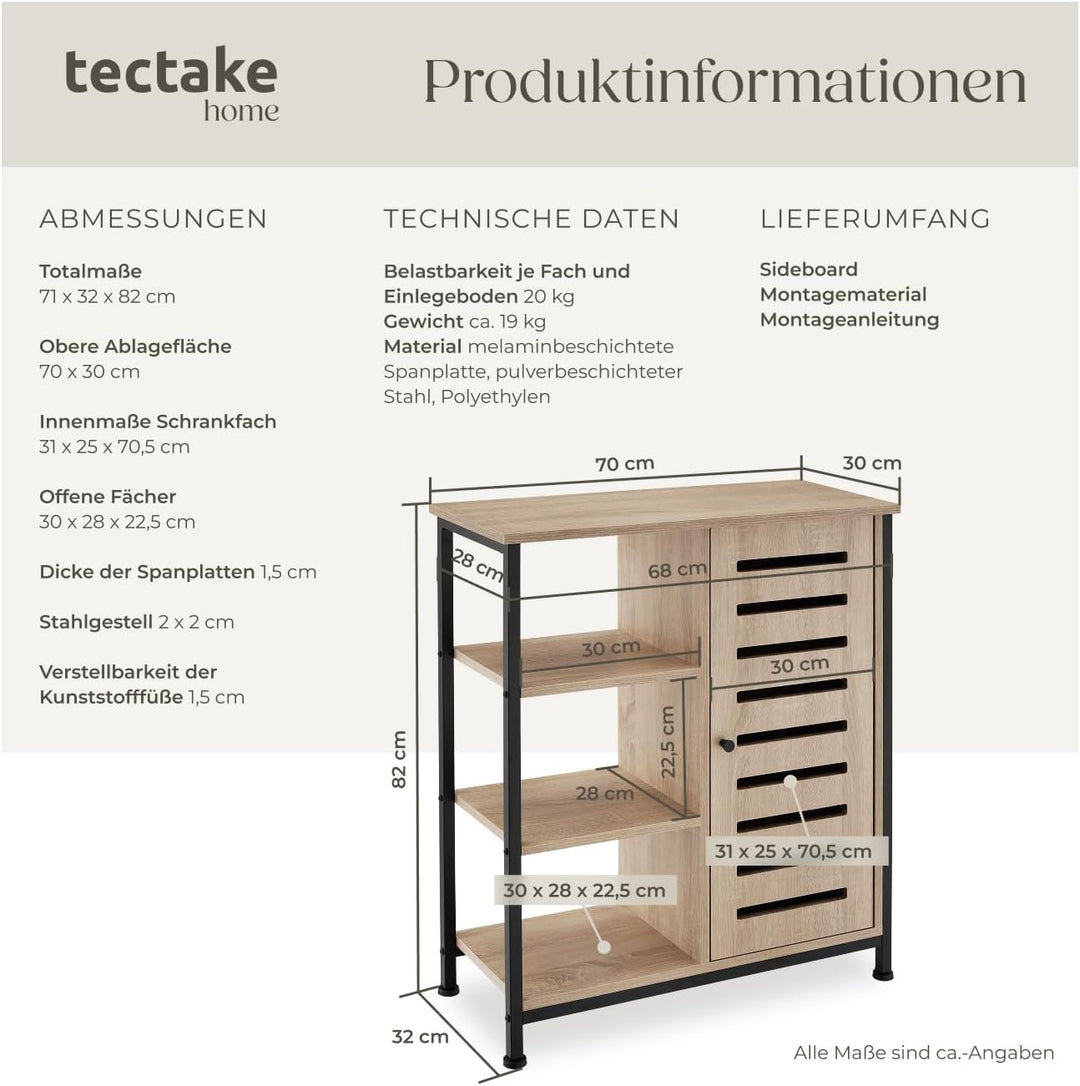 tectake Sideboard mit 3 Fächern und Schrankfach, 71 x 32 x 82 cm, Industrie-Design, Holz Kommode für