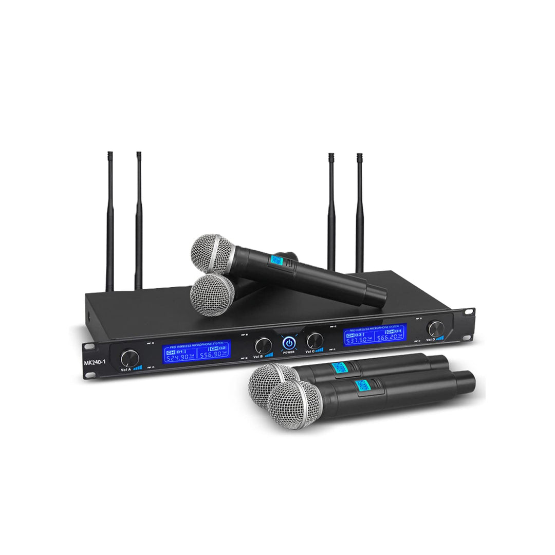 MicrocKing Drahtloses Mikrofonsystem, mit 4 Handmikrofonen, Metallgehäuse, Festfrequenz, grosse Reic