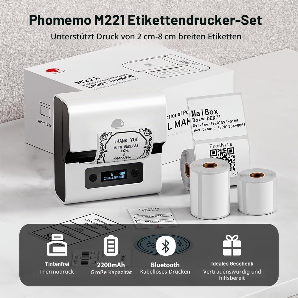 Phomemo M221 Etikettendrucker mit 3 Etikettenrollen - Beschriftungsgerät Selbstklebend Etikettierger
