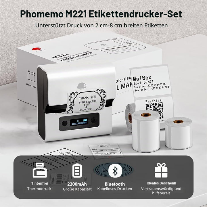 Phomemo M221 Etikettendrucker mit 3 Etikettenrollen - Beschriftungsgerät Selbstklebend Etikettierger