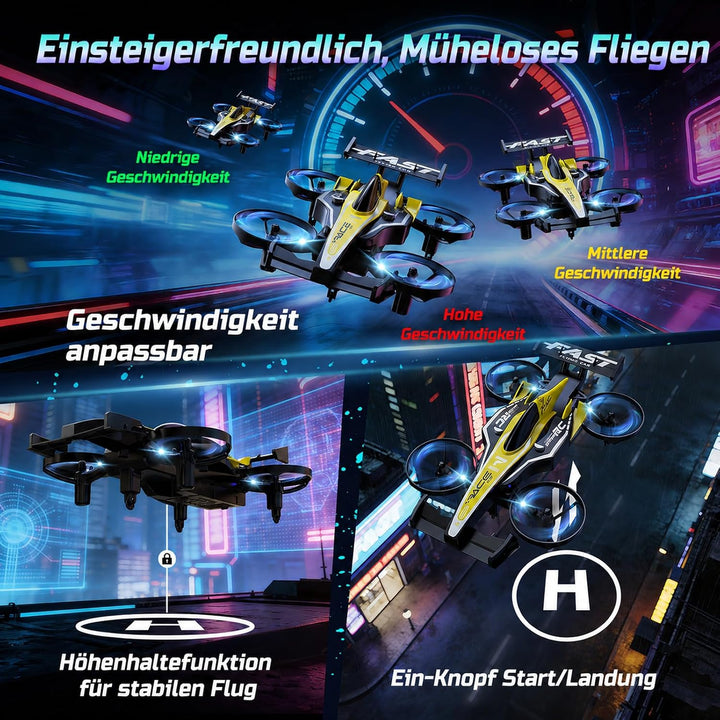 DEERC HT35 2-in-1 Drohne und RC-Auto für Kinder, ideal für Anfänger, Gelb | 3 Geschwindigkeitsstufen