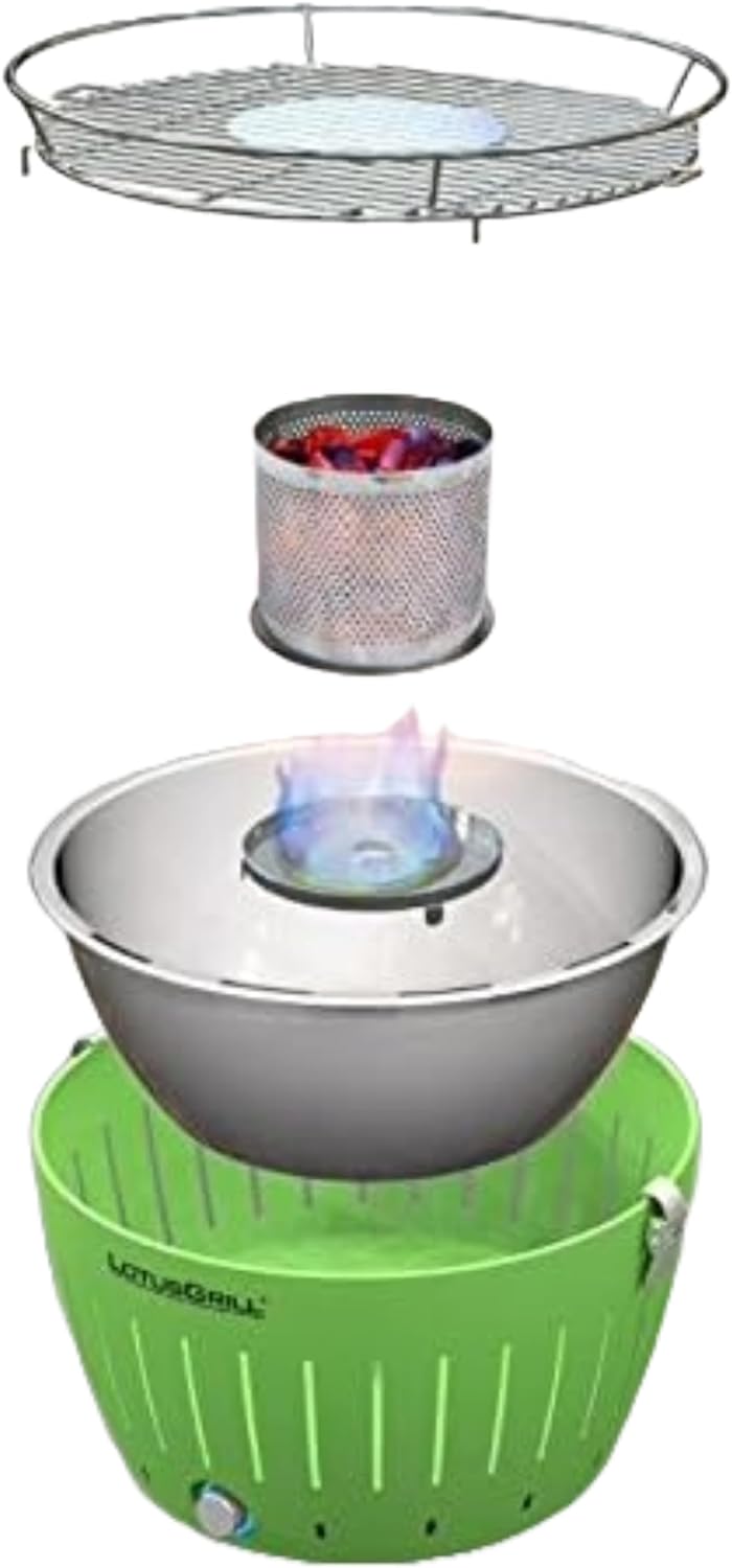 LotusGrill Classic (Limettengrün) der raucharme Holzkohlegrill/Tischgrill mit USB-Anschluss in versc