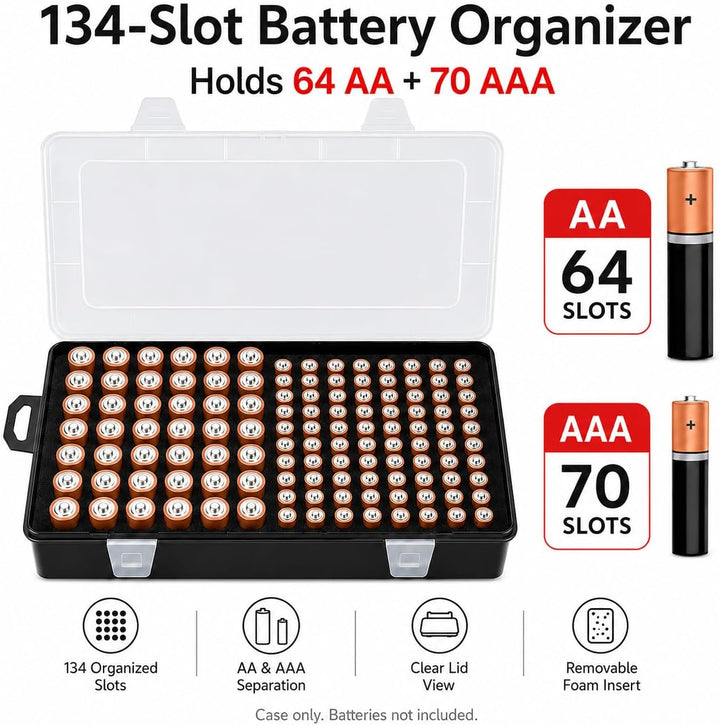 Xuerdon Batterie Aufbewahrungsbox, Batterie Box für 134 Stk. AA & AAA Batterien, Tragbare Garage-Org