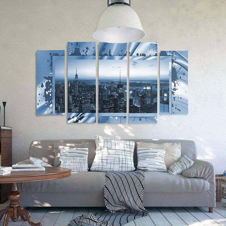 Feeby Frames, Leinwandbild Bilder Wand Bild - 5 Teile - Wandbilder Kunstdruck (New York City, BLAU)