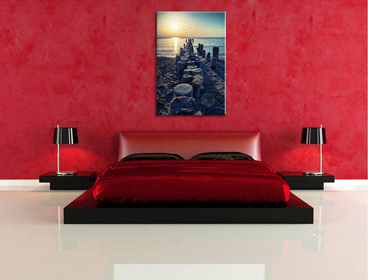 Baumstümpfe am Meer Format: 100x70 auf Leinwand, XXL riesige Bilder fertig gerahmt mit Keilrahmen, K