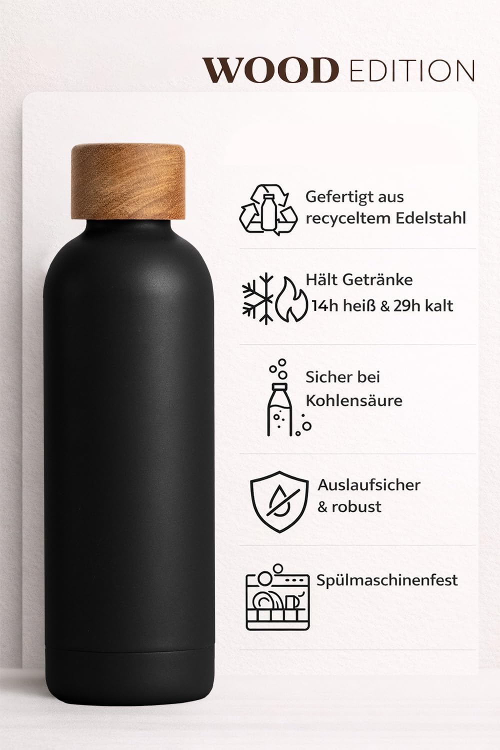 T&N Edelstahl Trinkflasche 500ml, Thermosflasche 0.5l mit Akazienholz Deckel, Isolierte Wasserflasch