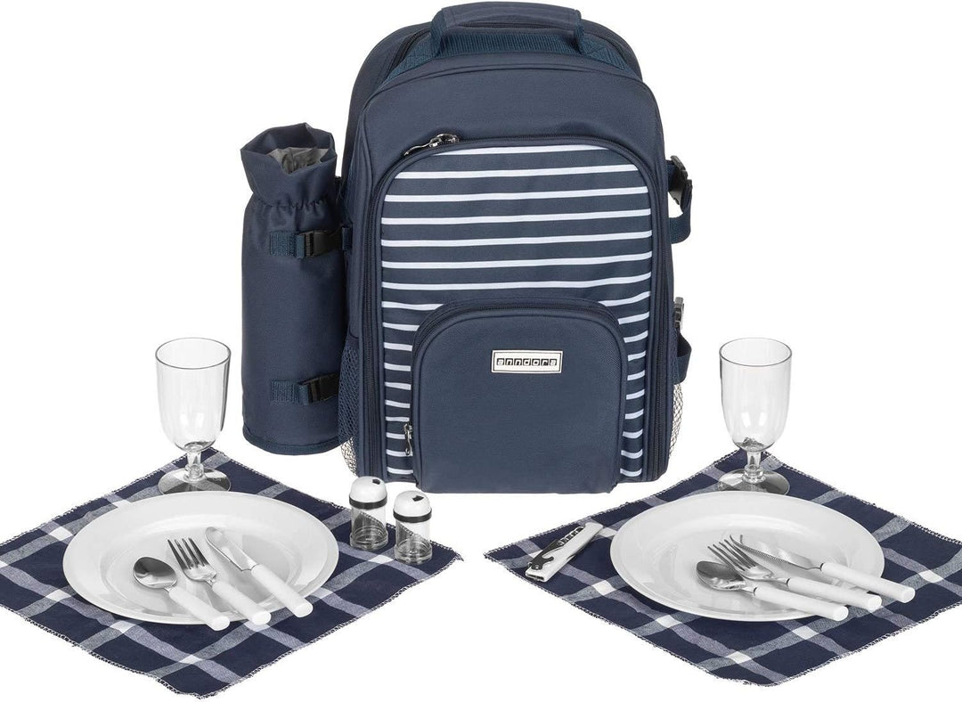 anndora Picknickrucksack mit Kühlfach blau weiss gestreift + Zubehör 15 teilig - 2 Personen Navy Bla