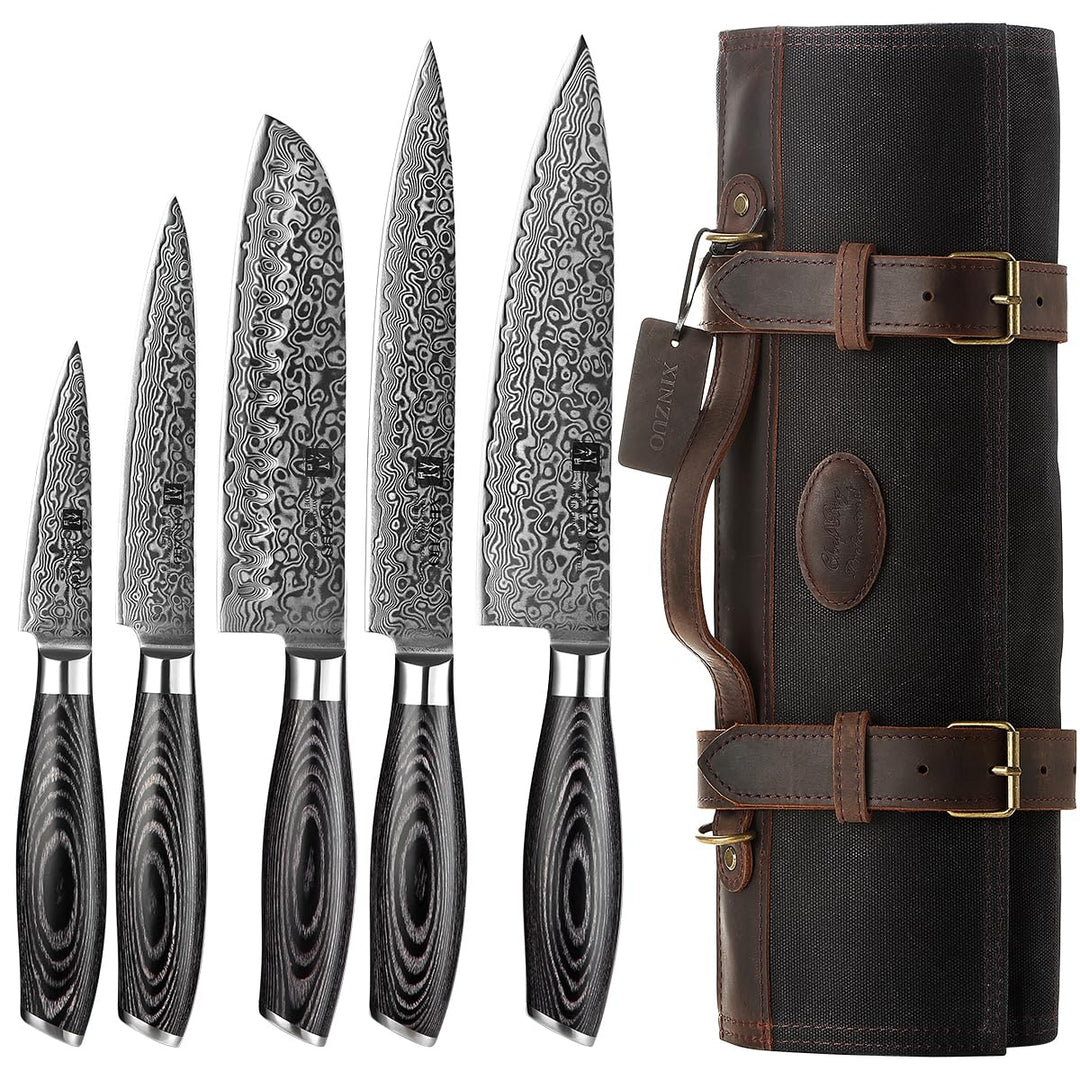 XINZUO 67 Schichten Damaststahl 5er Küchenmesser Set-Pakkaholz Griff mit Profi Schwarze Messertasche