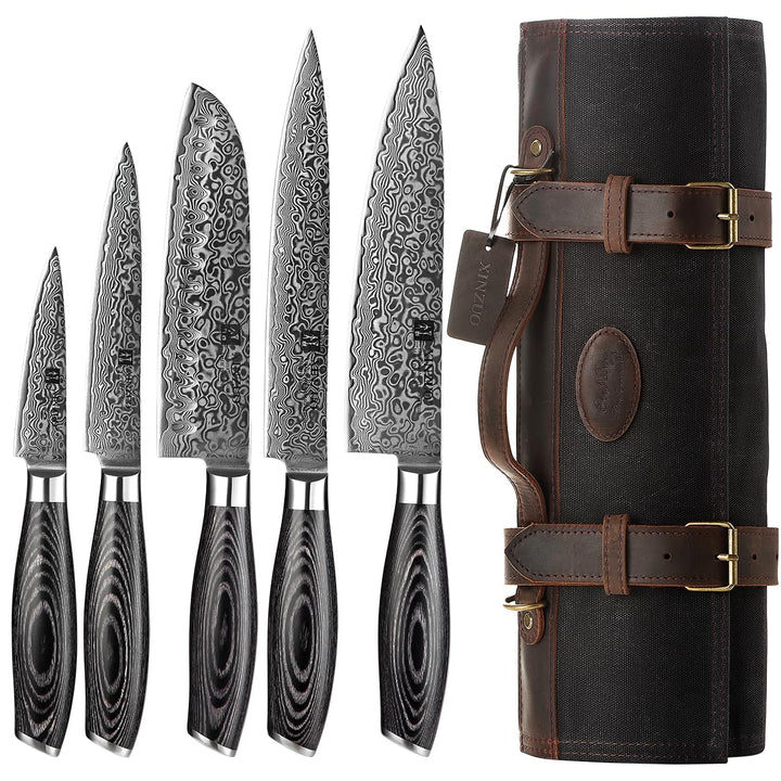 XINZUO 67 Schichten Damaststahl 5er Küchenmesser Set-Pakkaholz Griff mit Profi Schwarze Messertasche