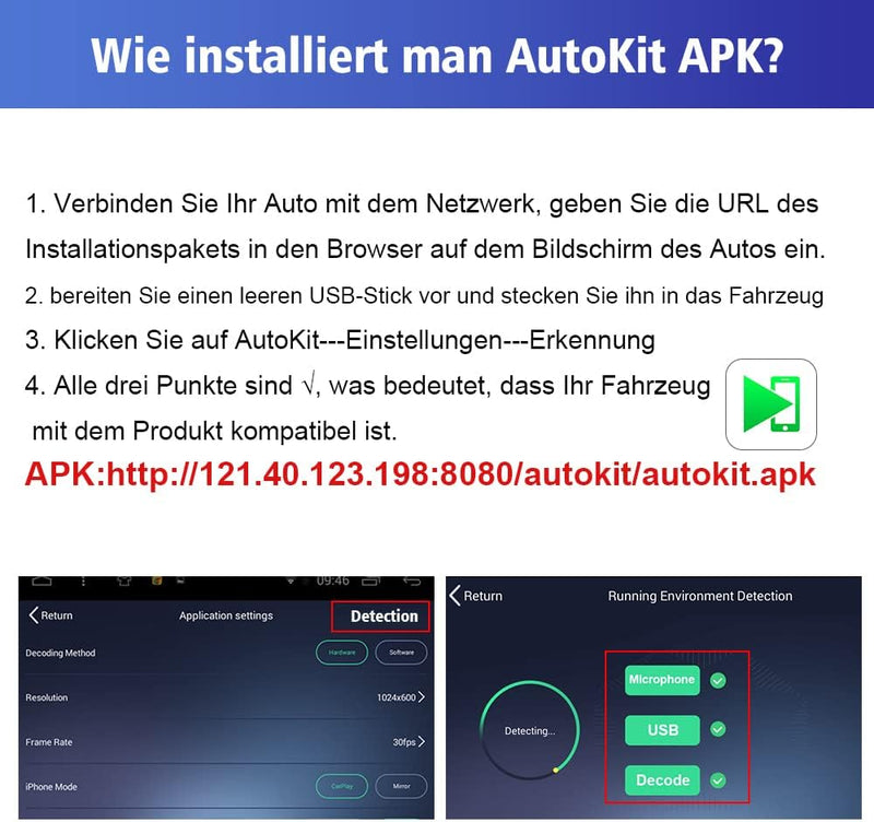 CarlinKit Wired CarPlay/Wired Android Auto Adapter für Android Radio Car, Autokit APK muss im Autora