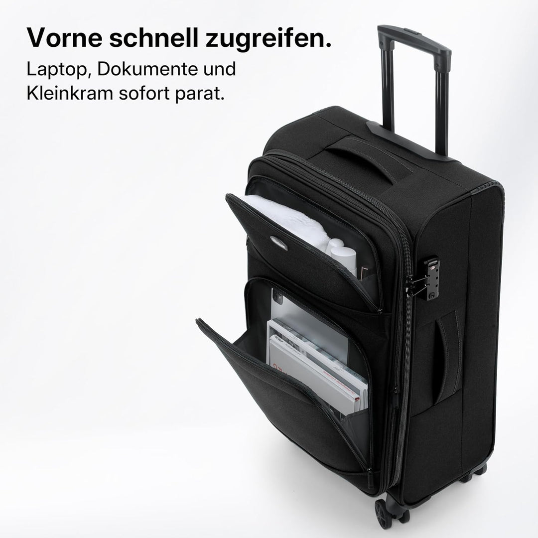 Stoffkoffer erweiterbar mit Frontfächern,15% Extra-Volumen, TSA-Schloss, 360° Doppelrollen & verdeck