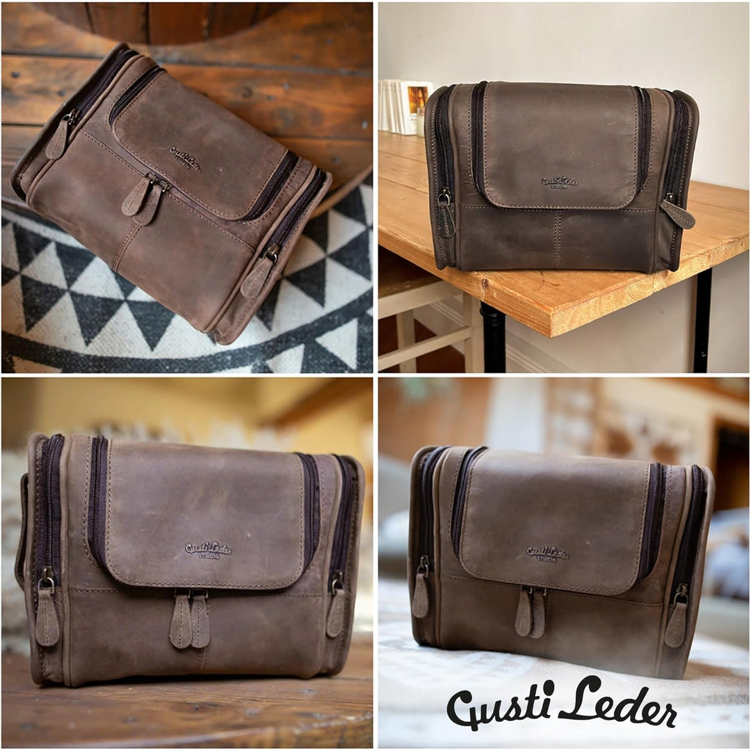 Gusti Kulturbeutel Herren Leder Chester – Edle Kulturtasche aus echtem Büffelleder – Robuste Kosmeti