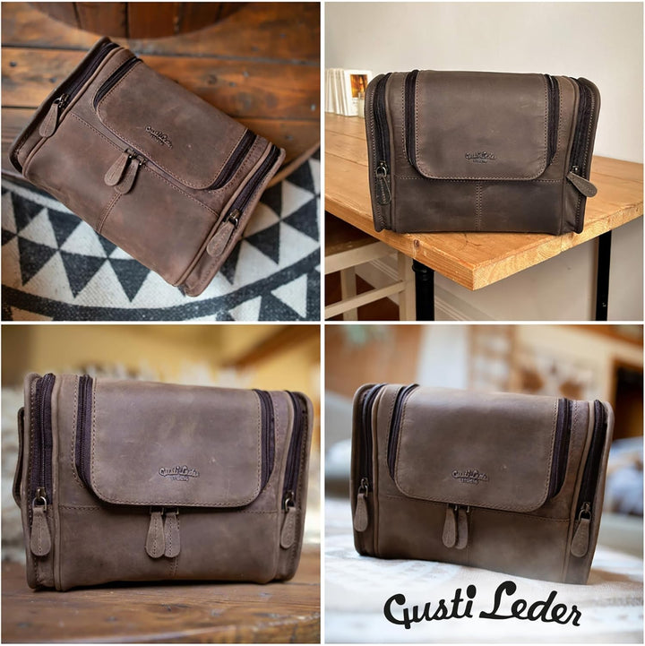 Gusti Kulturbeutel Herren Leder Chester – Edle Kulturtasche aus echtem Büffelleder – Robuste Kosmeti