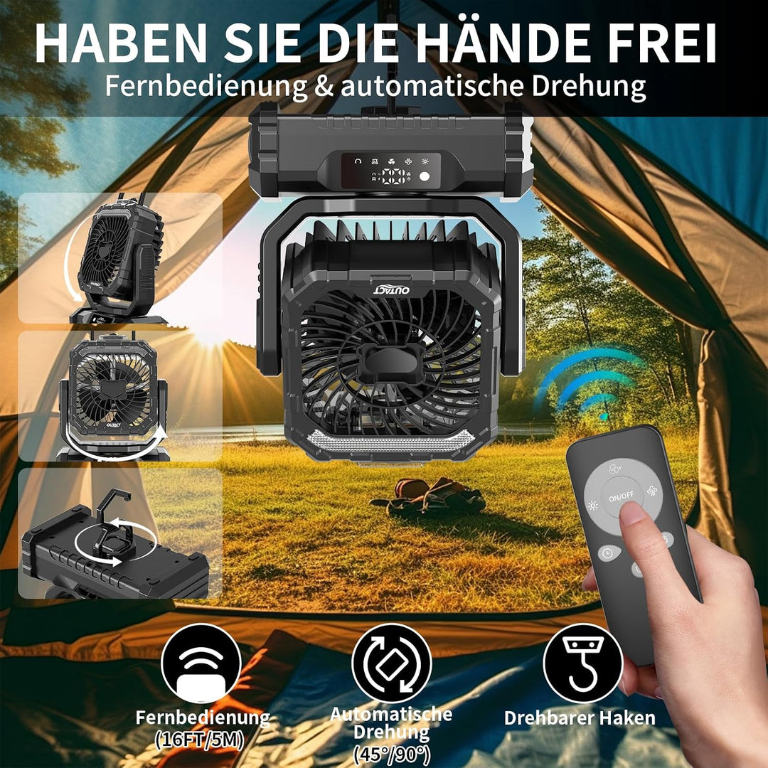 Ventilator Camping mit Sprühnebel, Akku Ventilator 20000mAh mit LED Licht, Haken, 270° Drehung, Trag