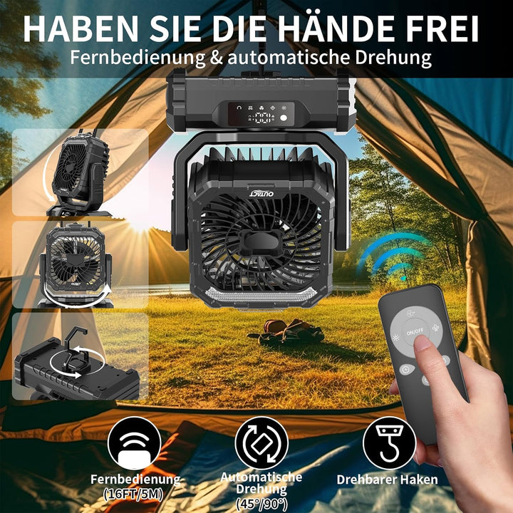 Ventilator Camping mit Sprühnebel, Akku Ventilator 20000mAh mit LED Licht, Haken, 270° Drehung, Trag