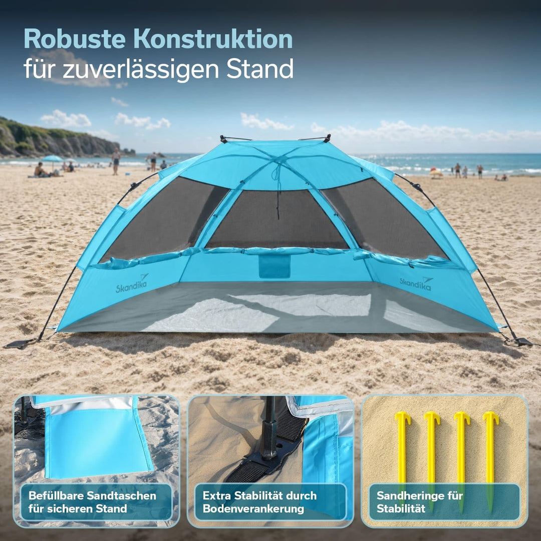 Skandika Strandmuschel Skal Quick-Start | Strandzelt, UV-Schutz 80+, 360° Mesh-Panoramafenster, Wind