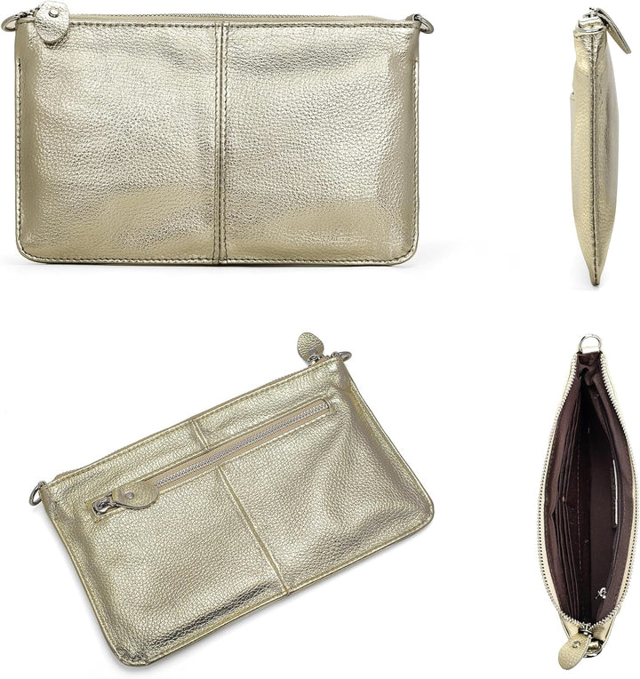 befen Damen Umhängetasche Gold, Echtleder Handtasche Damen Klein mit Handgelenkschlaufe Damen Portem