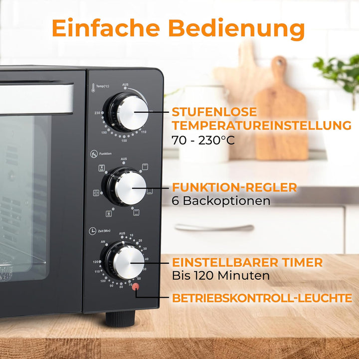 KLAMER Minibackofen mit Umluft (30 Liter), 6 Backfunktionen, 70-230°C, 120 min. Timer, Mini-Ofen ink
